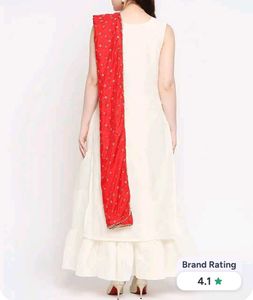 Ream-Coloured &amp; Red Floral Embroidered Cotton Anar