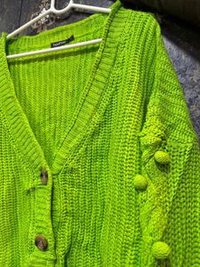 Green Knit Pom-Pom Cardigan