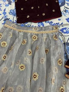 Maroon Velvet Choli With Organza Lehnga