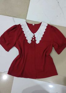Chic Red Lace Collar Top