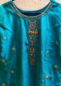 Vibrant Teal Embroidered Ethnic Dress Full Set