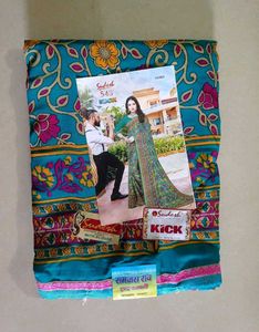 Beautiful Floral Print Teal Saree