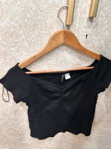 Black Off-Shoulder Ruched Crop Top