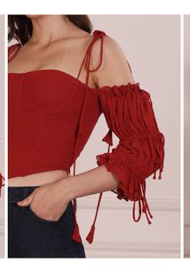Red Off-Shoulder Corset Top with Tassels
