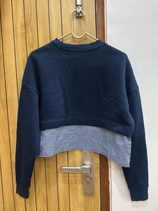 Navy Blue Cropped Sweatshirt with Gingham Detail