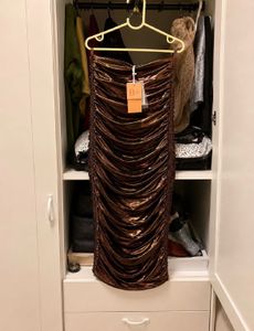 Metallic Brown Ruched Tube Midi Dress |XS