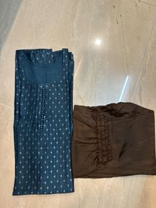 Stylish Blue Printed Kurta with Brown Pants