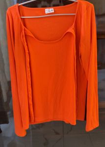 Bright Orange Ribbed Long Sleeve Top