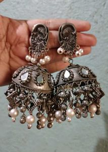 Oxidized Jhumka Earrings with Pearls