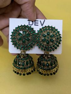 Emerald Green Jhumka Earrings | Antique Gold