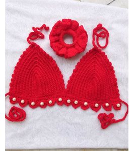 Red Crochet Bikini Top with scrunchie