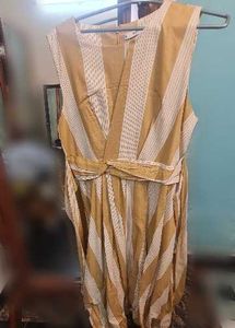 Classy beige striped cotton A line dress by Mango