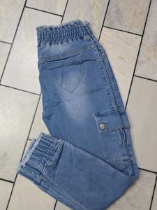 Womens Light Wash Denim Cargo Pants