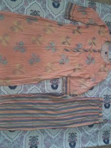 Peach Floral Kurta &amp; Striped Pant Set