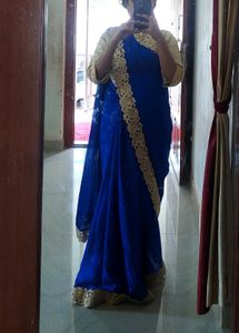 Royal Blue Saree With Golden Border(Without Blouse