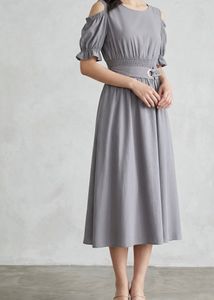 Grey Cold-Shoulder Midi Dress with Grommet Belt
