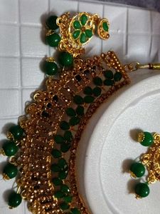 Green &amp; Gold-Tone Necklace and Earring Set