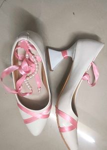 Chic White Heels with Pink Ribbon Detail