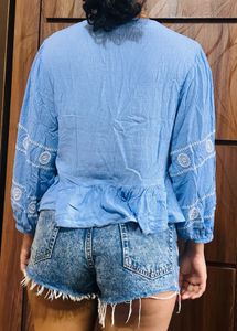 Blue Embroidered Peplum Top