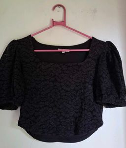 Black Lace Corset Style Puff Sleeve Crop Top 🖤