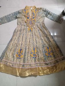 Elegant Ethnic Gown with Blue & Gold Embroidery