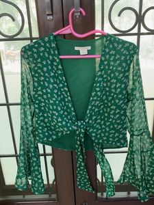 Green Floral Tie-Front Crop Top