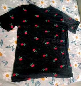Black T-Shirt with Red Rose Print
