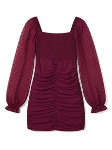 Maroon Ruched Puff Sleeve Dress