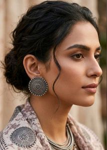Silver Oxidised Round Earrings Set (Pack of 2)