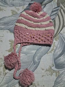 Cute Pink Striped Knit Beanie with Pom-Poms