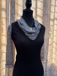 Black ribbed knit top with sheer Leopard P