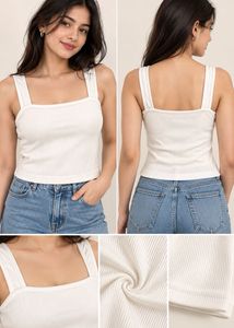 little box Cream Ribbed Square Neck Tank Top
