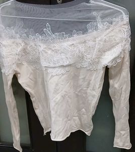 Elegant Lace Trim Sheer Long Sleeve Top
