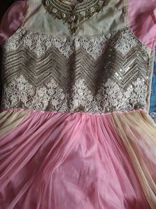 Elegant Pink &amp; Beige Gown with Gold Embellishments