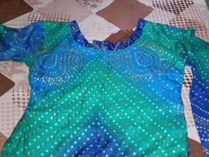 Vibrant Blue &amp; Green Bandhani Tunic kurta