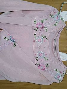 baby pink straight cotton kurta embroidery