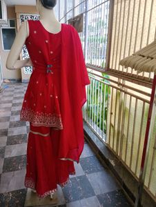 Red Embroidered Kurta Sharara Set