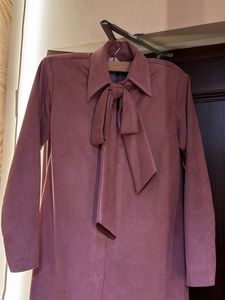 Suede Tie-Neck Long Sleeve Coat
