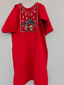 Red Kurta with Bird Embroidery