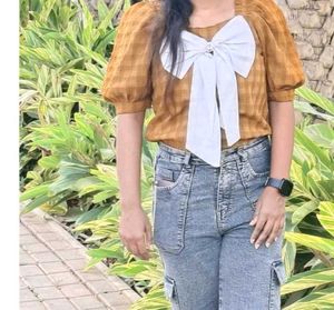 brown Plaid Puff Sleeve Top with Bow