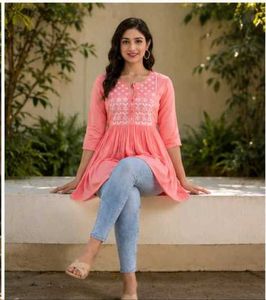 Pretty Peach Embroidered Kurti-All size