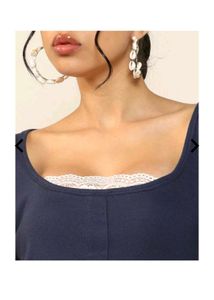 Navy Blue Lace Trim Long Sleeve Top
