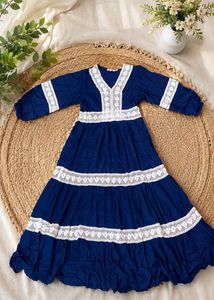 Elegant Blue Lace Trimmed Maxi Dress