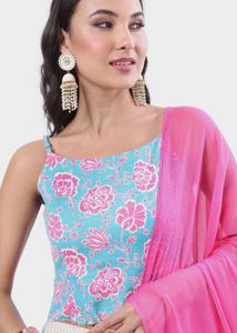 Blue &amp; Pink Floral Printed Sharara Set with Dupatt