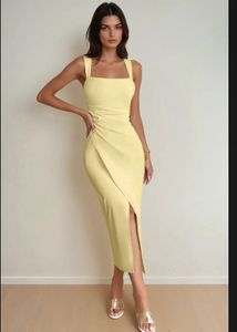 Elegant Yellow Ruched Midi Dress