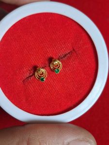 Gold Tone Stud Earrings with Green Stones