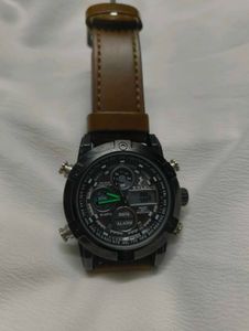 Men's Black & Brown Leather Watch