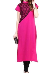 Vibrant Pink Kurta with Black Lace Detail