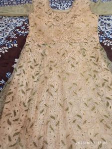 Elegant Beige &amp; Gold Anarkali Gown