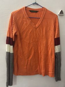 Ribbed V-Neck Sweater with Colorblock Sleeves